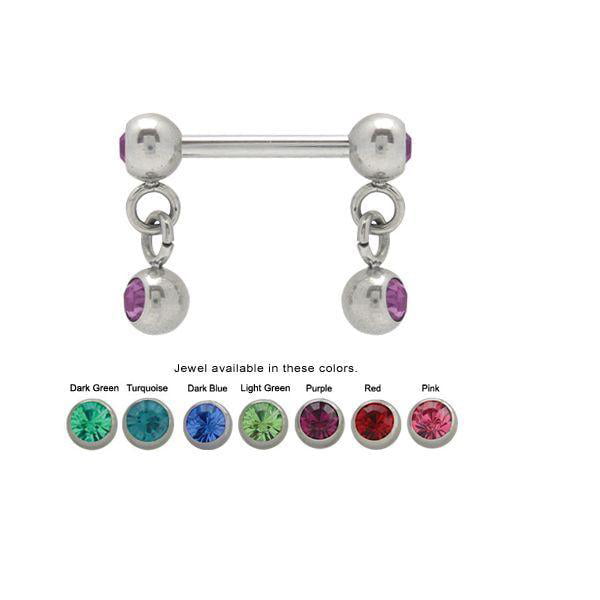 7 Colors Available Pair of Dangle Jeweled Nipple Straight Barbell 14 Gauge